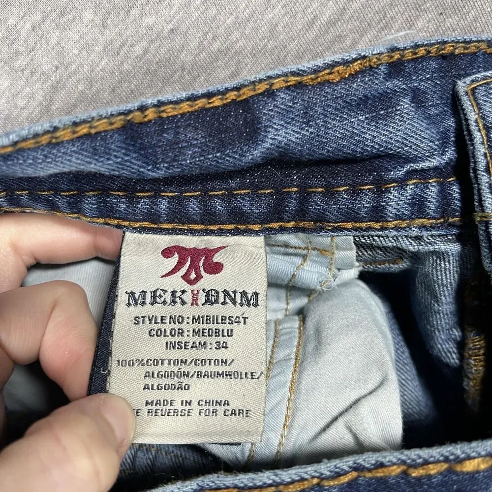 MEK DNM Jeans Mens 38x34 (36x32) Medium Wash Bilbao Straight Embroidered Y2K